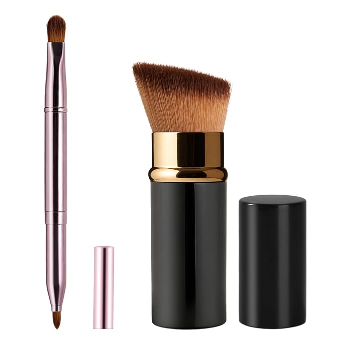 Lip Brush Kabuki Makeup Brush Set, Dual-ended Lip Brushes for Lipstick + All-in-One Foundation Kabuki Brush, Retractable Makeup Brush with Cover for Lip Gloss, Powder Blush, Flawless Cosmetics(Pink)
