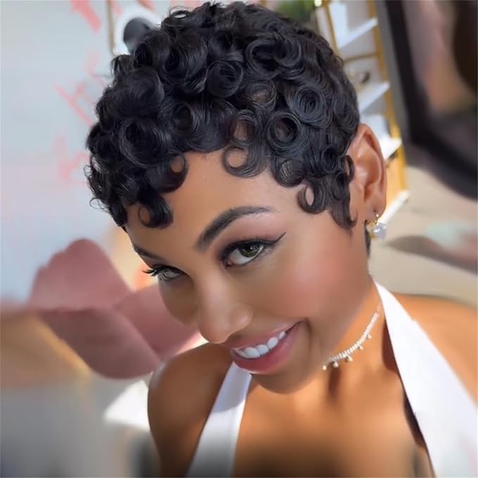 Pixie Cut Short Bob Wig for Black Women 100% Brazilian Human Hair Full Machine Made Wigs Glueless Natural Black Color Curly Human hair