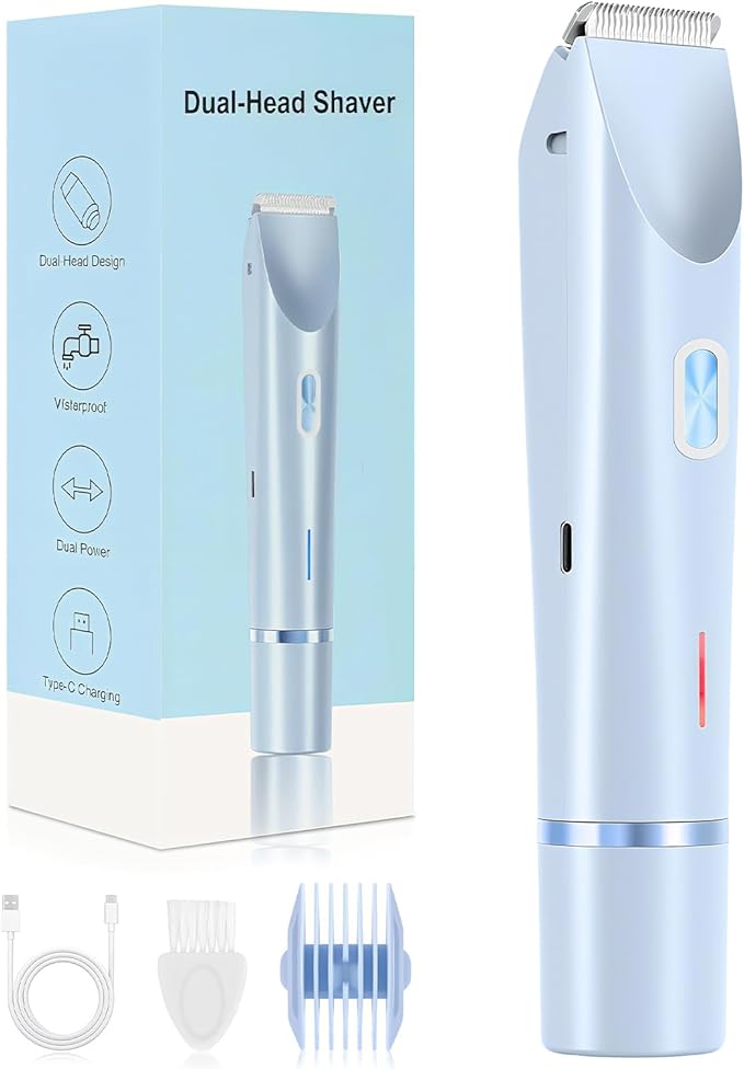 Bikini Trimmer for Women, 2-in-1 Painless Electric Razor with Ceramic Blade, Cordless for Sensitive Skin, Waterproof Dual Head Shaver Women for Facial and Body (Blue)