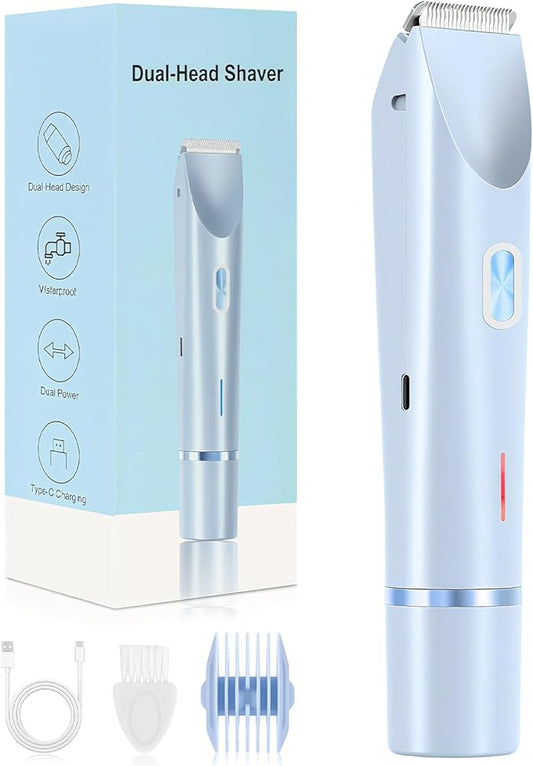 Bikini Trimmer for Women, 2-in-1 Painless Electric Razor with Ceramic Blade, Cordless for Sensitive Skin, Waterproof Dual Head Shaver Women for Facial and Body (Blue)