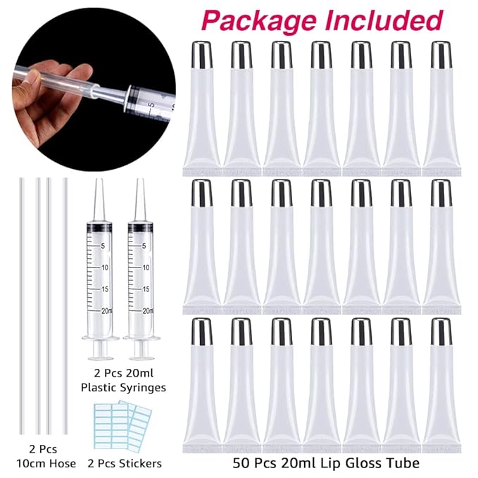 50PCS Lip Gloss Tubes 20ml Silver Cap Lip Gloss Containers Empty Lip Balm Tubes Refillable Cosmetic Squeeze Lipgloss Tubes + 2 x 20ml Syringes Tag Labels Stickers for DIY Lip Gloss Base Glitter