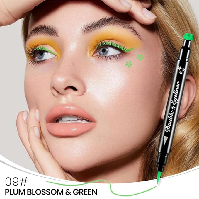 BINGBRUSH Double-head Liquid Stamp Eyeliner Pencil, Colors Flowers Heart Moon Star Shapes Face Stamps Makeup Colorful Waterproof Slim Gel Felt Tip High Pigment Liquid Eyeliner (09#Flower & Green)