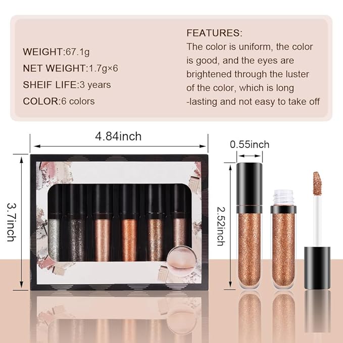 6 Colors Liquid Glitter Eyeliner,Glitter Eyeshadow ,Waterproof Long Lasting Makeup Kits (A)