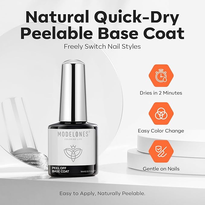 modelones Non-U V Peel off Gel Base Coat, Quick Dry Peelable Base Coat for Gel Nail Polish Beginner Friendly Gentle Protection for Thin & Weak Nails,10ml