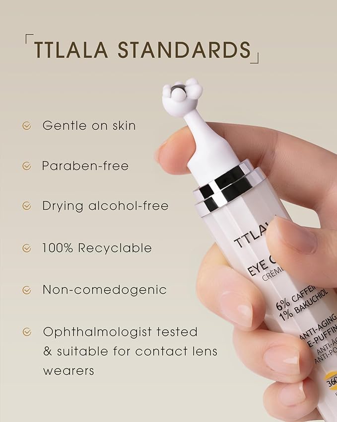 TTLALA Eye Cream with 6% High-purity Caffeine & 1% Bakuchiol, Under Eye Cream for Dark Circles, Puffiness, Fine Lines, Anti Aging, Wrinkles, Eye Bags Treatment for Women & Men with 360° Roller, 0.57oz
