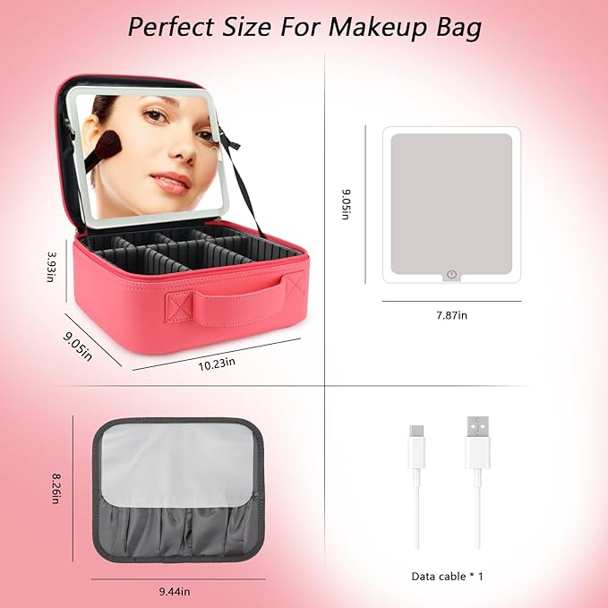SLUMAZI Travel Makeup Bag with LED Mirror Travel Makeup Organizer with 3 Lighted Settings, Adjustable Dividers and Makeup Brush Storage Bag Light Red