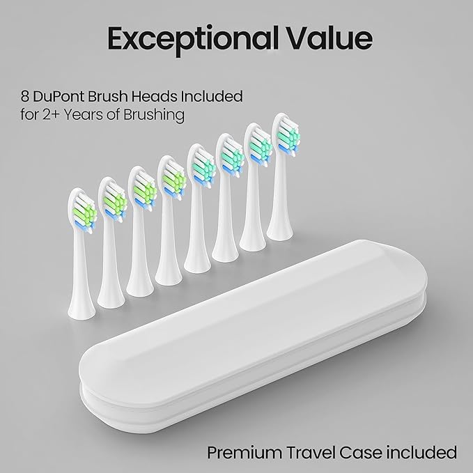 YUNCHI Electric Toothbrush Birthday/Valentine Plastic 8 Heads 24-Mo Deep Cleans Gentle Gums Removes Stains 3Hr USB-C 90d 2-Min Timer/30s IPX7 - White