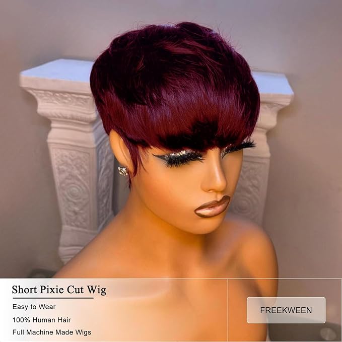 Short Bob Wig for Black Women Brazilian Virgin Human Hair Pixie Cut Wig Burgundy Red Colored Short Style full machine Made Wig with Bangs 150% Density None Lace front Wig 99J#