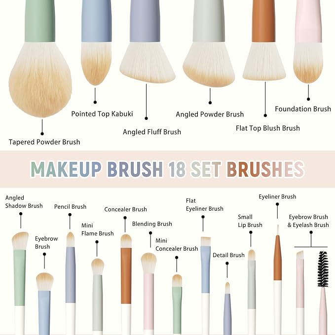 LULUCOLORS Colorful Series 18-Pcs Makeup Brush Set with Soft, Cruelty-Free Synthetic Bristles, Wooden Matte Handles, 2 Latex-Free Makeup Sponges & Travel Storage Bag – Face & Eye Brushes for Makeup