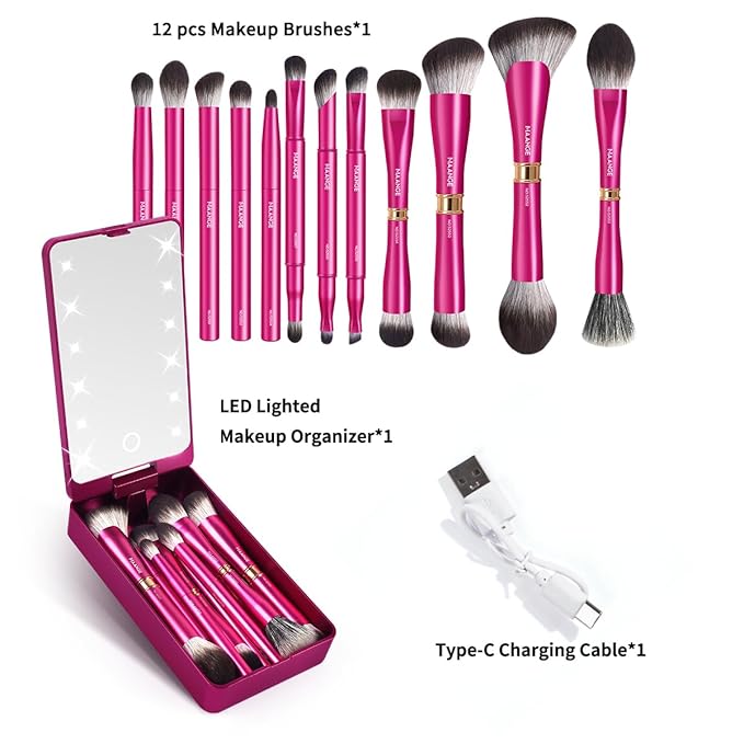 MAANGE Makeup Brushes 12 Pcs Double-ended Kabuki Brush Travel Makeup Brushes for Foundation Powder Concealers Eye Shadows Makeup Tools Set with LED light Mirror (Pink)