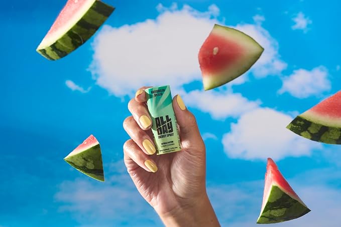 ALLDAY Caffeine Spray, Promotes Focus and Energy (Watermelon Splash, 8 Bottles, 96 Sprays) | 32mg Natural Caffeine per Spray | Pocket-Size Energy Shot with L-Theanine, Vitamin B12, & Vitamin D