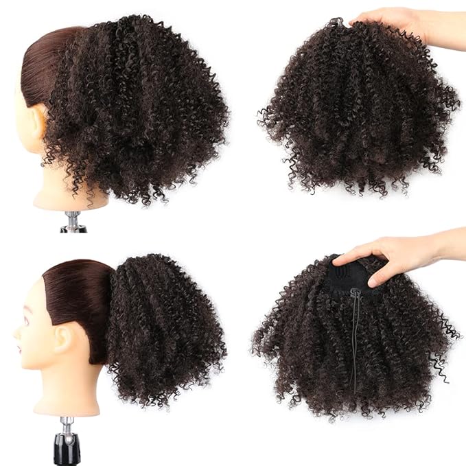 Drawstring Ponytail Afro Kinky Curly Ponytail for Black Women Short Wave Synthetic Ponytail Hair Extension(#4,Medium Brown)