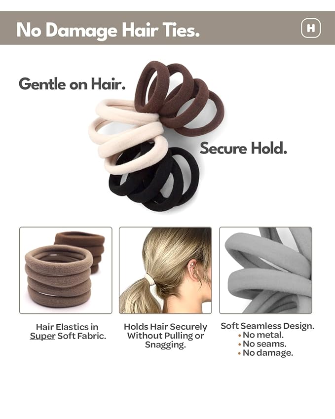 Cyndibands Seamless Hair Ties - Gray - Gentle Hair Ties No Damage, Standard Size 1.5 Inch, Soft and Stretchy Nylon Fabric Ponytail Holders - 12 Count