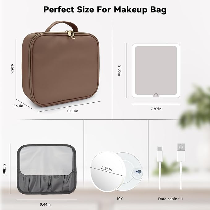 SLUMAZI Travel Makeup Bag with LED Mirror and 10x magnifying glass with 3 Lighted Settings, Adjustable Dividers and Makeup Brush Storage Bag Mocha