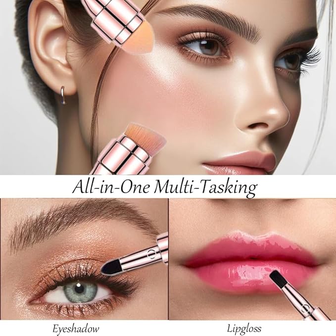 Bling Toman 4 in 1 Makeup Brush, Eyeshadow Eye Lip Face Concealing Blush Foundation Brush All in One Retractable Travel Size Makeup Brush Set (rose gold brush)
