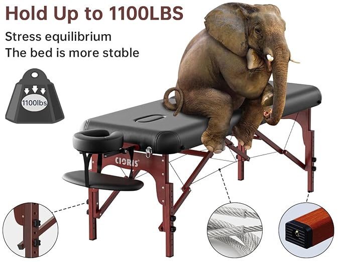 CLORIS 84" Professional Massage Table Portable 2 Folding Lightweight Facial Salon Spa Tattoo Bed Height Adjustable with Carrying Bag & Wooden Leg Hold Up to 1100LBS Black