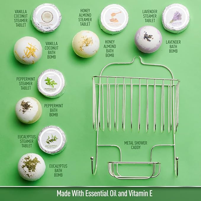 Essential Oil Shower Steamers and Bath Bombs Set - Lavender, Peppermint, Vanilla Coconut, Eucalyptus, Honey Almond Scented Aromatherapy Vaporizing Tablets, Relaxation Gifts for Women, 11pc