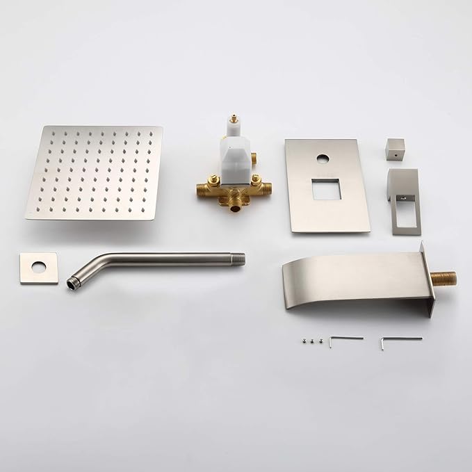sumerain Tub and Shower Faucet Set with Anti-scalding Pressure Balance Valve, 8 Inch Shower Head and Waterfall Tub Spout, Brushed Nickel