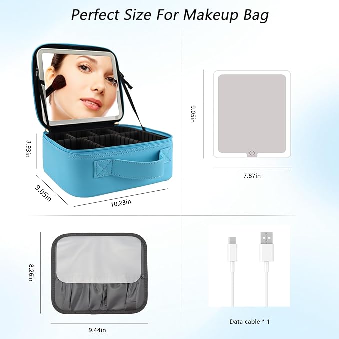 SLUMAZI Travel Makeup Bag with LED Mirror Travel Makeup Organizer with 3 Lighted Settings, Adjustable Dividers and Makeup Brush Storage Bag Blue