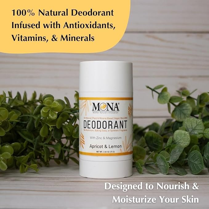 MONA BRANDS All Natural Magnesium Deodorant for Women & Men | Baking Soda & Aluminum Free | (Apricot Lemon) 2.65oz