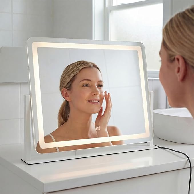 Vanity Mirror with Lights, 22''x17'' Lighted Makeup Mirror, LED Makeup Mirror, Smart Touch with 3-Color Lighting Modes, Dimmable, for Bedroom Tabletop - White