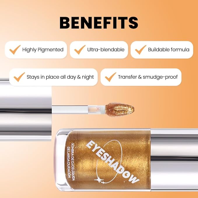 Golden Liquid Metallic Glittler Shimmer Eyeshadow, Longwear Eye Makeup For Older Women, Buildable Highly Pigmented & Blendable Eye Shadow Cream in Shimmer Finishes, Vegan & Cruelty-Free (Golden)