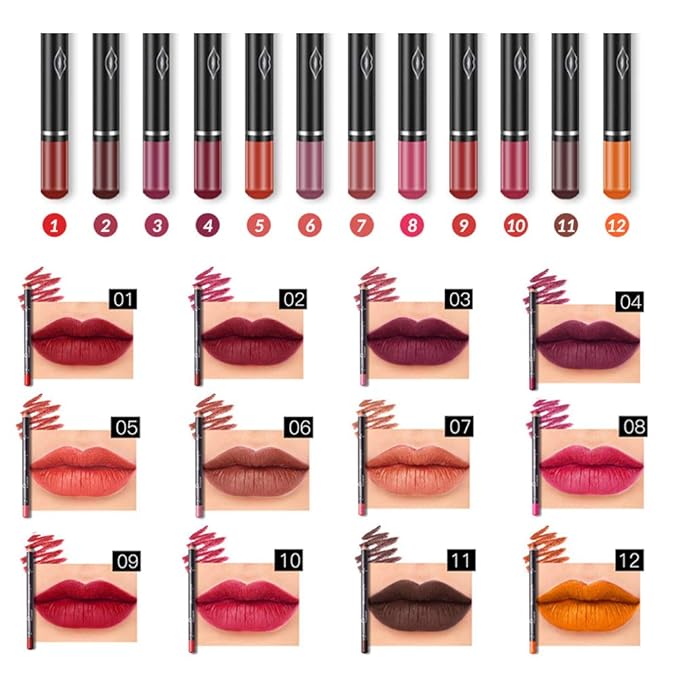 Matte Lip Liner Pencil Set - 12 Assorted Colors Natural Lip Makeup Soft Pencils Waterproof and Long Lasting Velvet Lip Liners (red, pink, rose, plum, peach, cherry, dark brown etc)