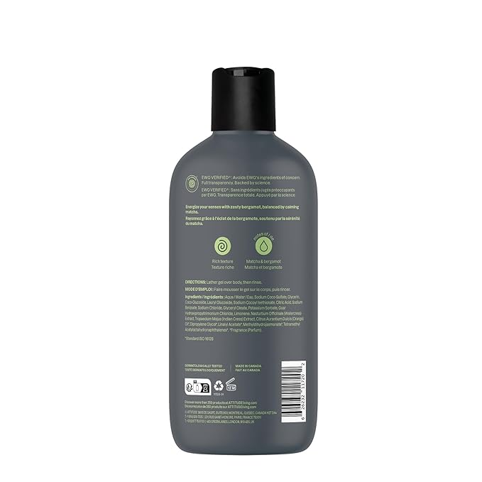 ATTITUDE Shower Gel Body Wash for Men, 98% Natural Origin Ingredients, Paraben & Phthalate Free, EWG Verified, Cleanses Without Drying, Matcha & Bergamot, 14 Fl Oz