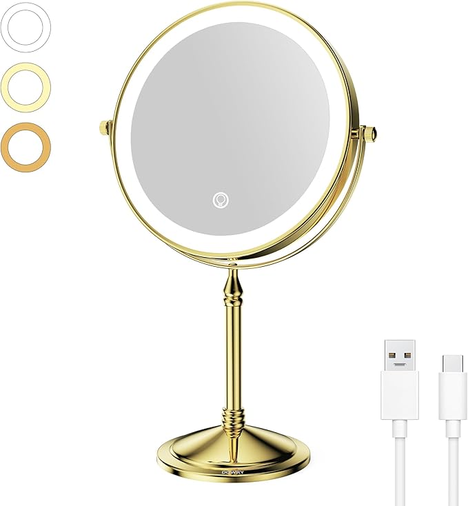 DOWRY 4000 mAh Rechargeable Lighted Makeup Mirror 10x Magnification Vanity Mirror Tabletop Two-Sided Swivel Gifts for Women Wife Mom Teengirls Gold Finish