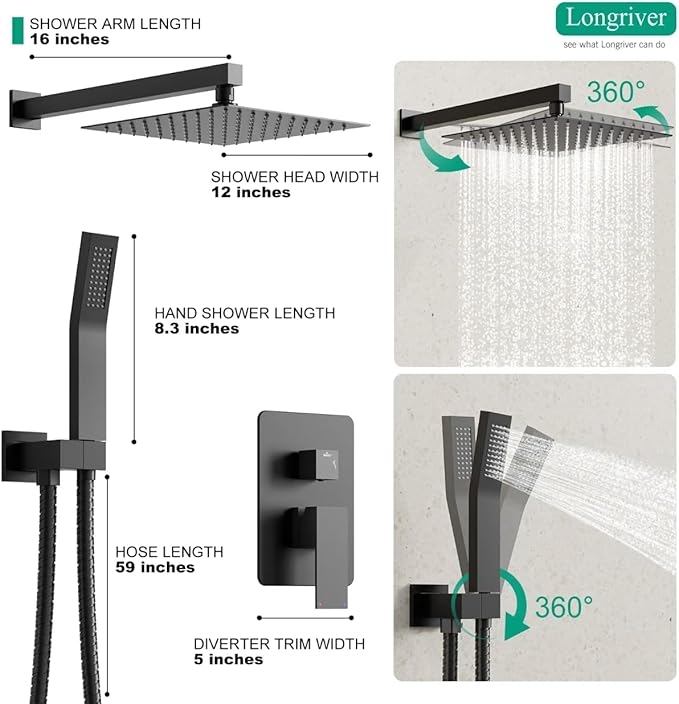Longriver Matte Black Shower System, XL-MB12, Shower Trim Kit, 12 Inch Rainfall Shower Head with Handheld Spray, Wall Mounted, Matte Finish, 1.75 GPM Flow Rate