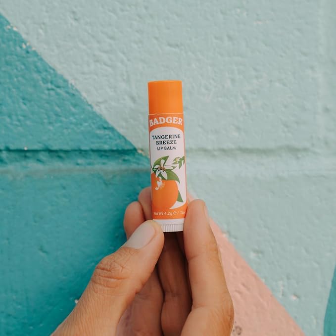 Badger Tangerine Breeze Classic Lip Balm, 100% Organic Lip Balm, Long Lasting Lip Care w/Light Silky Texture, Bright & Cheerful Lip Balm for Kids & Adults, 4 Pack