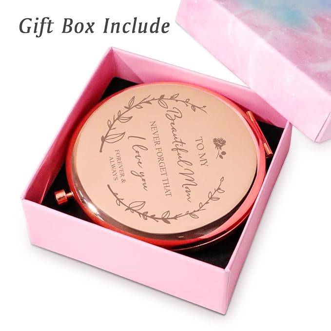 Personalized Gifts for Mom, Sentimental Mom Gifts for Birthday, Valentines Day, Custom Engraved Compact Mirror, Goodie Bag & Basket Stuffers for Mother