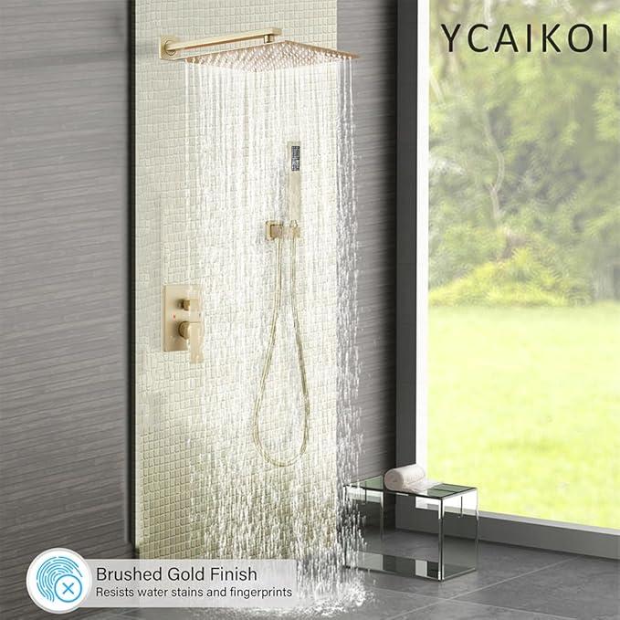 YCAIKOI Shower Faucet Set Complete, Wall Mount Shower System for Bathroom 12 Inch High-Pressure Rainfall Shower with Handheld, Rough-in Valve Body and Trim Kit, Brushed Gold
