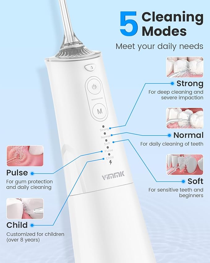 VIMMK Water Flosser, Cordless Water Dental Flosser, 9 Jet Tips 5 Modes 300ML IPX7 Waterproof, Portable Rechargeable Oral Irrigator for Home Travel - Gums, Orthodontic, Braces Care - Black (White)