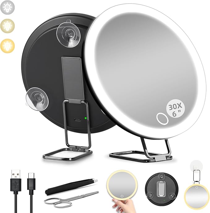 6" 30X Magnifying Mirror with Light Suction Cup,Led Close up Mirror for Checking Pores with 360° Stand,3 Color Lighted Personal Mirror 30X,30 Times High Magnification Concave Mirrors