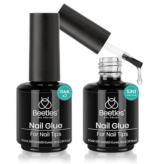 beetles Gel Polish & Glue Kit for Acrylic Nails, 5 in 1 Super Strong Brush, Gel Glue and Polish, LED Lamp Required, Nail Art Gift, 15ml , 2 Pcs