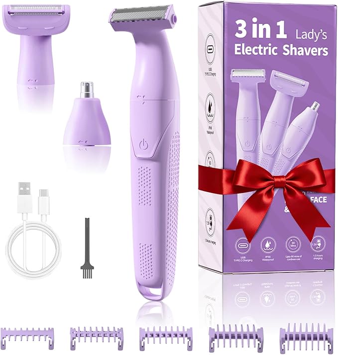Bikini Trimmer for Women, 3-in-1 Painless Womens Electric Razors & Pubic Hair Trimmer, Waterproof Womens Shaver with Ceramic Blades, USB Rechargeable Lady Groomer for Legs Underarm Face,Violet