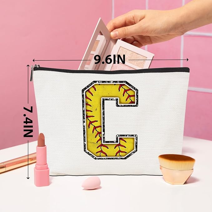 CQM Softball Gifts Initial Makeup Bag Monogrammed Cosmetic Bag Yellow Letter C Zipper Pouch Softball Accessories for Girls Women Player Coaches Bestie Graduation Birthday Gifts