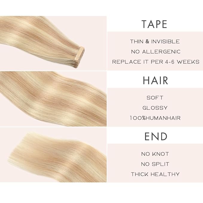 Tape in Human Hair Extensions Ash Blonde Highlighted Bleach Blonde 18 Inch 20pcs Straight Double Sided Remy Invisible Tape in Hair Extensions Human Hair (P18K/60#,18 Inch)