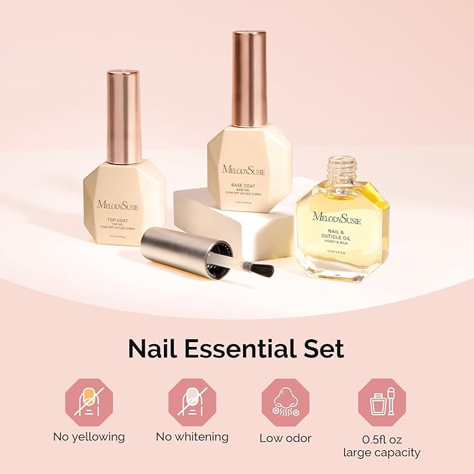 MelodySusie No Wipe Glossy Top Coat Base Coat Cuticle Oil Set Long Lasting Shine Finish Soak Off UV LED Nail Lamp Nail Art Design Manicure Kit Perfect Gifts for Women Girls 3 Pcs 15ml