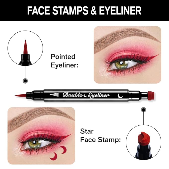 BINGBRUSH Double-head Liquid Star Eyeliner Red Stamp Pencil, Colors Flowers Heart Moon Shapes Face Stamps Makeup Colorful Waterproof Slim Gel Felt Tip High Pigment Liquid Eyeliner (11#Moon&Red)