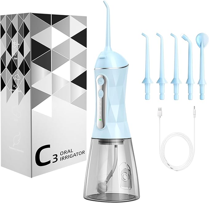 Water Dental Flosser Pick for Teeth Portable Oral Irrigator Rechargeable Travel Irrigation Cleaner 320ML Electric Flossing, IPX8 Waterproof, Waterproof Flossing Cleaning Picks for Home Travel (Blue)