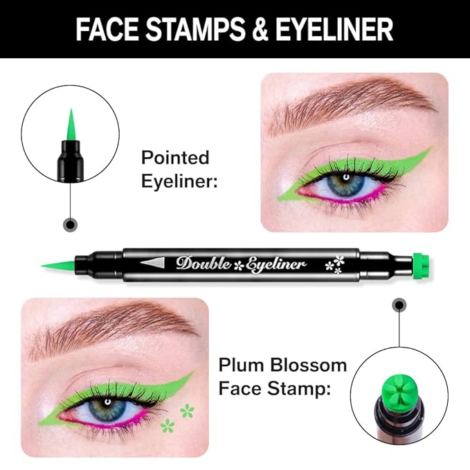 BINGBRUSH Double-head Liquid Stamp Eyeliner Pencil, Colors Flowers Heart Moon Star Shapes Face Stamps Makeup Colorful Waterproof Slim Gel Felt Tip High Pigment Liquid Eyeliner (09#Flower & Green)