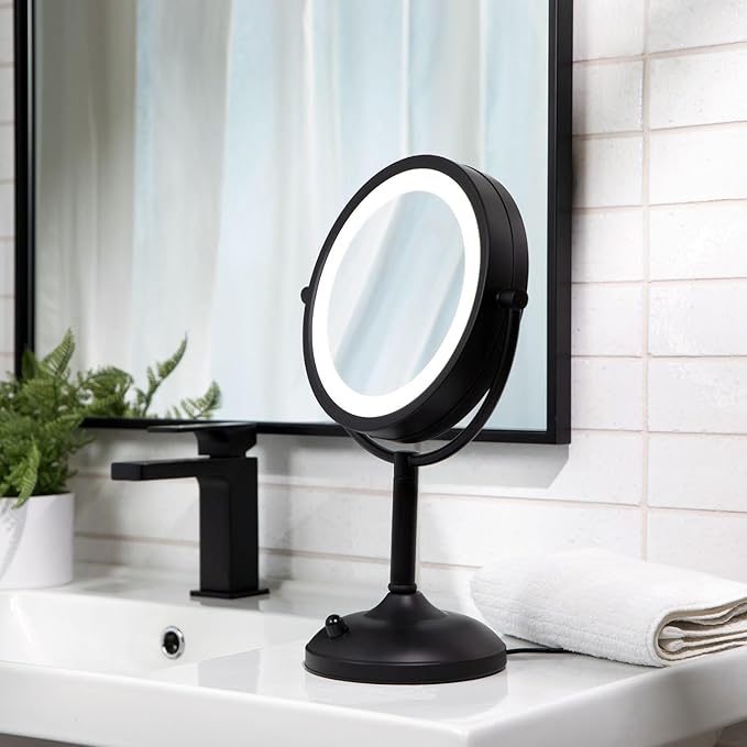 JERDON Lighted Tabletop Mirror with 10X/1X Magnification - Black Makeup Mirror with Multiple Light Settings - 8.5-Inch Diameter Vanity Mirror - Model JS8510BK