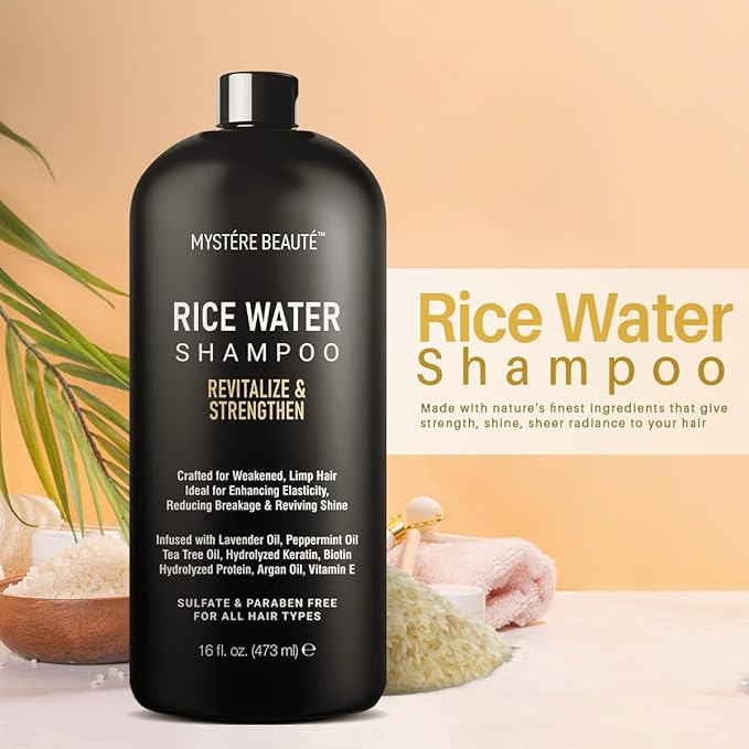 MYSTÉRE BEAUTÉ Rice Water Shampoo - Rice Shampoo, Promotes Hair Growth, Revitalizes, Shines and Sheilds from Damage, Infused with Essential Oils, Sulfate & Paraben Free - for Men Women - 16 fl oz