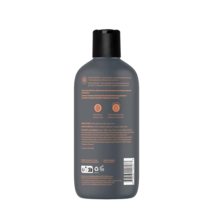 ATTITUDE Shower Gel Body Wash for Men, 98% Natural Origin Ingredients, Paraben & Phthalate Free, EWG Verified, Cleanses Without Drying, Patchouli & Bourbon, 14 Fl Oz