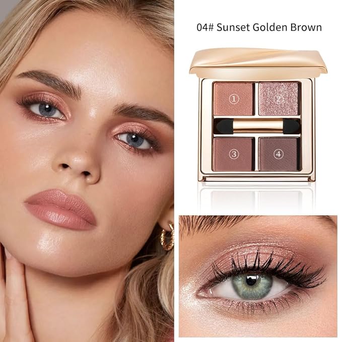 Warm Brown Nude Eyeshadow Palette – 4 Matte&Glitter High-Pigment Blendable Waterproof Long-Lasting Eye Shadow for Soft Glam, Everyday Natural Makeup&Brown Smokey Eye Looks, Paleta de Sombras de Ojos