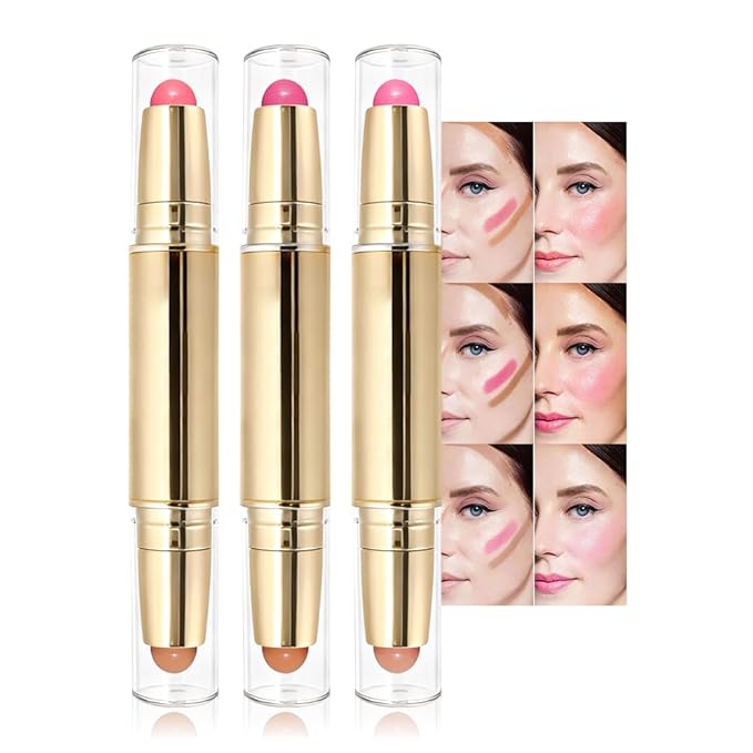 evpct 3Pcs 2In1 Blush Contour Multiuse Makeup Sticks Set, Pink Rose Berry Tan & Nude Brown Creamy Butter Blush Bronzer Contour Multiuse Stick for Cheeks Lips Eyes Faces, Mloisturing Radiant Finish