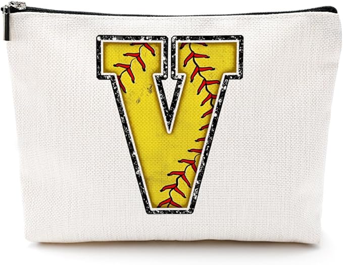 CQM Softball Gifts Initial Makeup Bag Monogrammed Cosmetic Bag Letter V Zipper Pouch Softball Accessories for Girls Women Player Coaches Friend Graduation Birthday Gifts