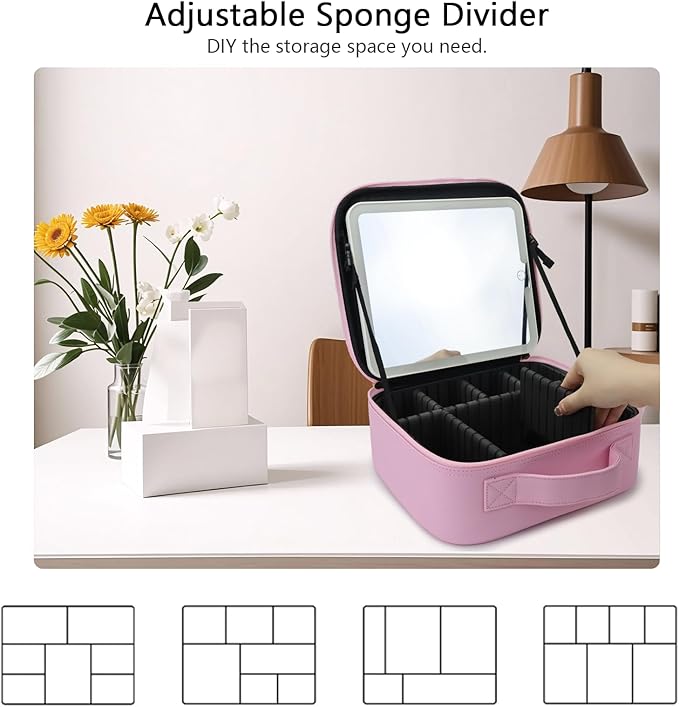 SLUMAZI Travel Makeup Bag with LED Mirror Travel Makeup Organizer with 3 Lighted Settings, Adjustable Dividers and Makeup Brush Storage Bag Light Pink